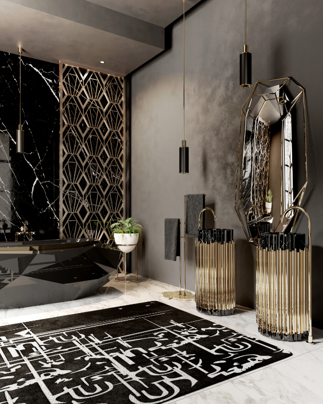luxury bathroom - luxury dark bathroom with a black bathtub with golden details, two golden freestanding and a luxury mirror