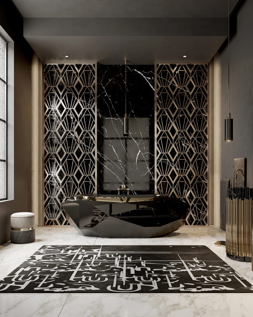 luxury bathroom - Elegant, high-end bathroom with a dramatic and geometric design. A striking black, faceted bathtub with a glossy finish is positioned in the center, in front of a bold wall featuring black marble with white veining and decorative gold geometric panels on either side. The floor is covered in white marble tiles, complemented by a modern black and white area rug with abstract calligraphic patterns. Suspended pendant lights hang from the dark ceiling, enhancing the luxurious atmosphere. A small stool and metallic decorative accents add sophistication to the space.