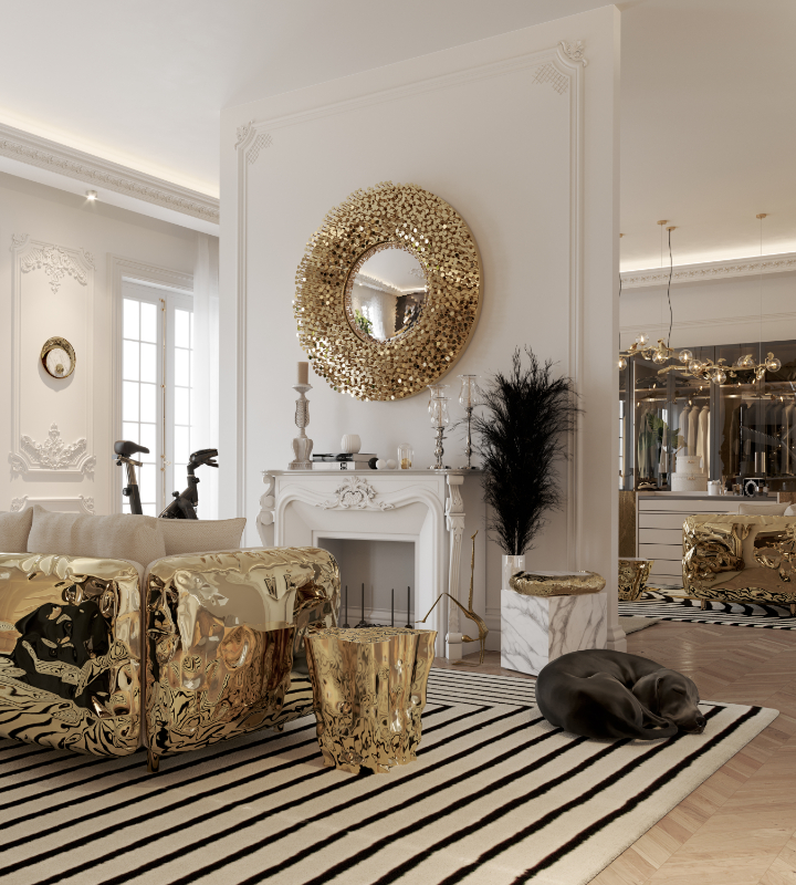 curved furniture - luxury corner of a closet room with a golden sofa, a golden mirror and a golden curved side table