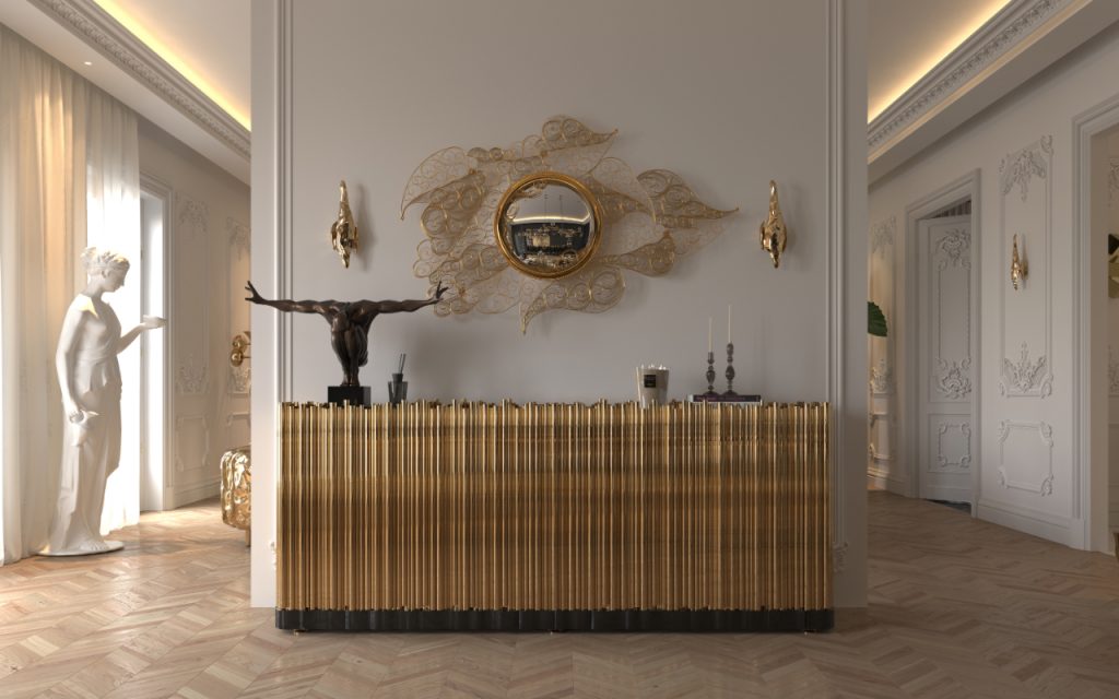 black and gold - luxury entryway with a gold and black sideboard, a filigree mirror