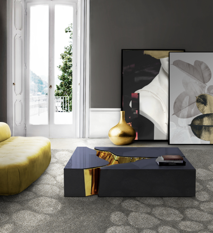black and gold - luxury living room with a black and gold center table and a yellow sofa