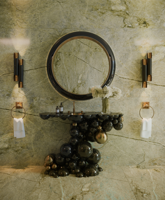 luxury bathroom - luxury marble bathroom with a black round mirror, a exquisite washbasin and a black sconce on the wall