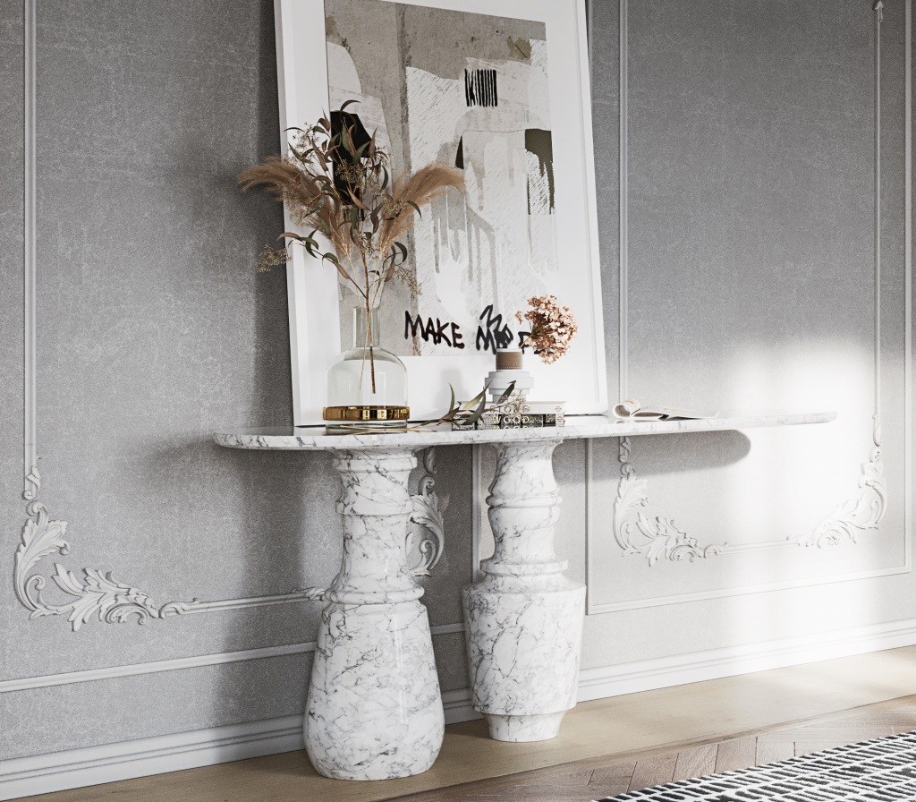 Most-Loved Pieces For Entryways - A all white entryway with a painting oh the wall, abalck and white rug and a console in white marble with two feet in marble too-