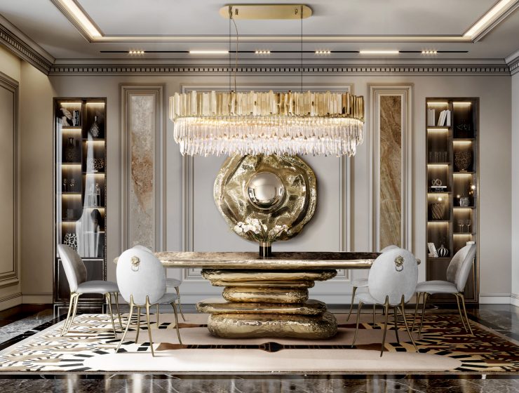 dining tables- luxurious dining room, windows with white and brown curtains, golden pendant lamp, rug with cream and black design, grand golden dining table, cream and gold chairs