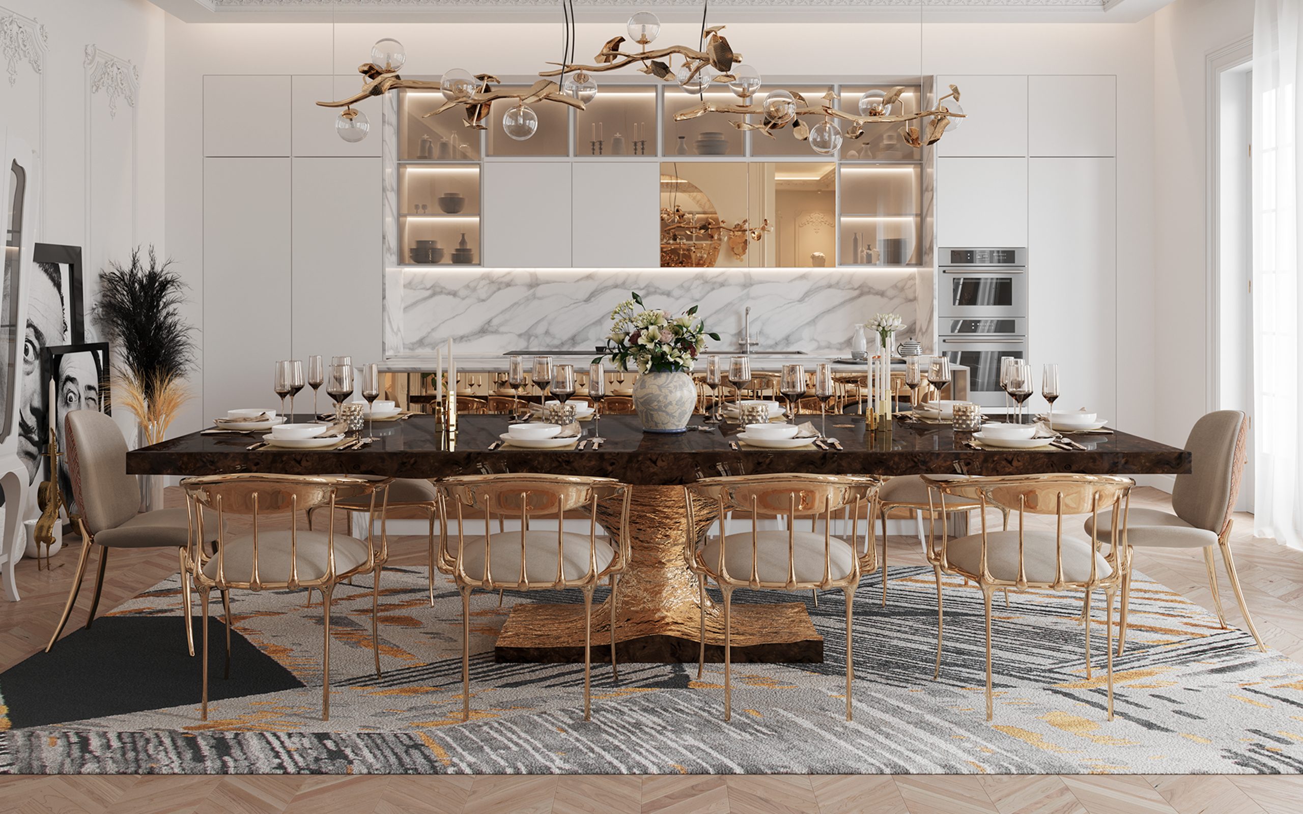 Most-Loved Pieces - luxurious dining room, brown marble dining table with gold base, cream and gold chairs, gray carpet, gold hanging lamp and shelves with decorative items, plants and a painting.