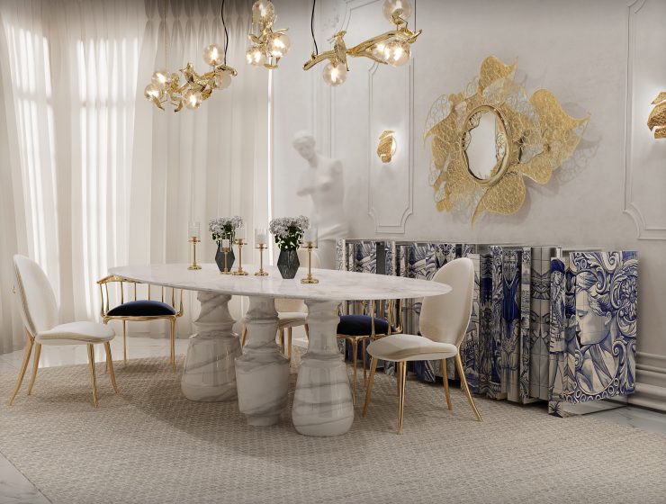 Most-Loved Pieces - contemporary dining room, white curtains, gold hanging lamp, gold mirror, blue sideboard with typical Portuguese tile design, white marble dining table, cream and gold chairs, and blue and gold chairs.