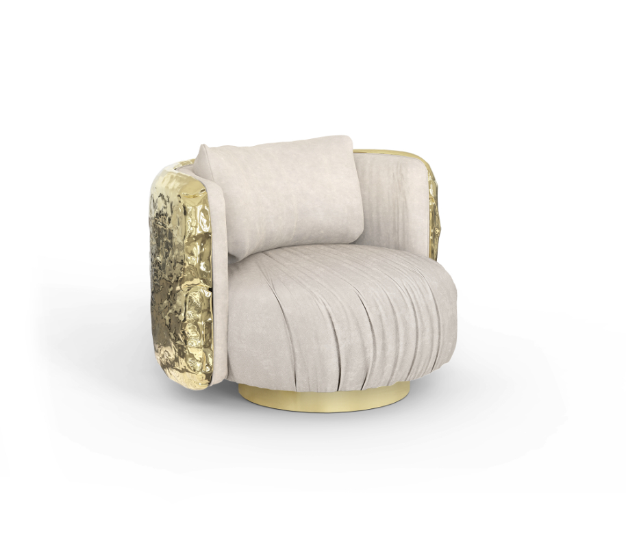 round golden armchair with grey upholstery