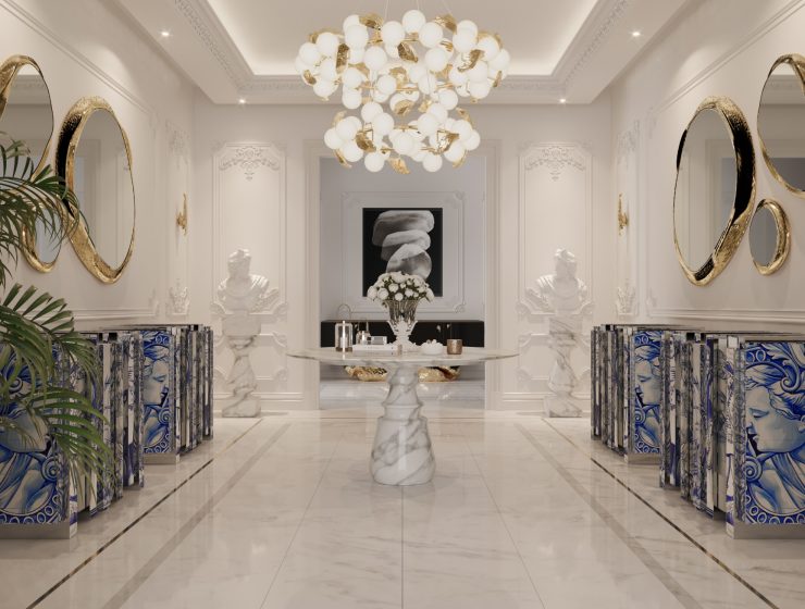 luxury entryway with hand-painted tiles sideboards and two sets of three mirrors each, a luxury marble round table and a luxury suspension lamp