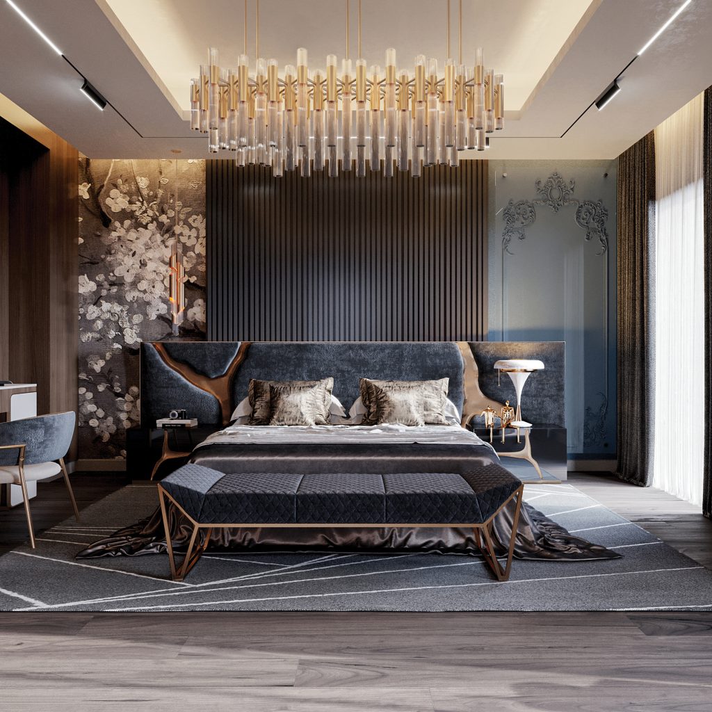 luxury master bedroom with a black headboard and two black and gold nightstands