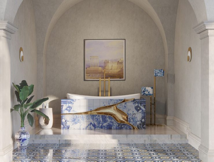 luxury oriental bathroom with a magnificent bathtyb adorned with hand-painted tiles