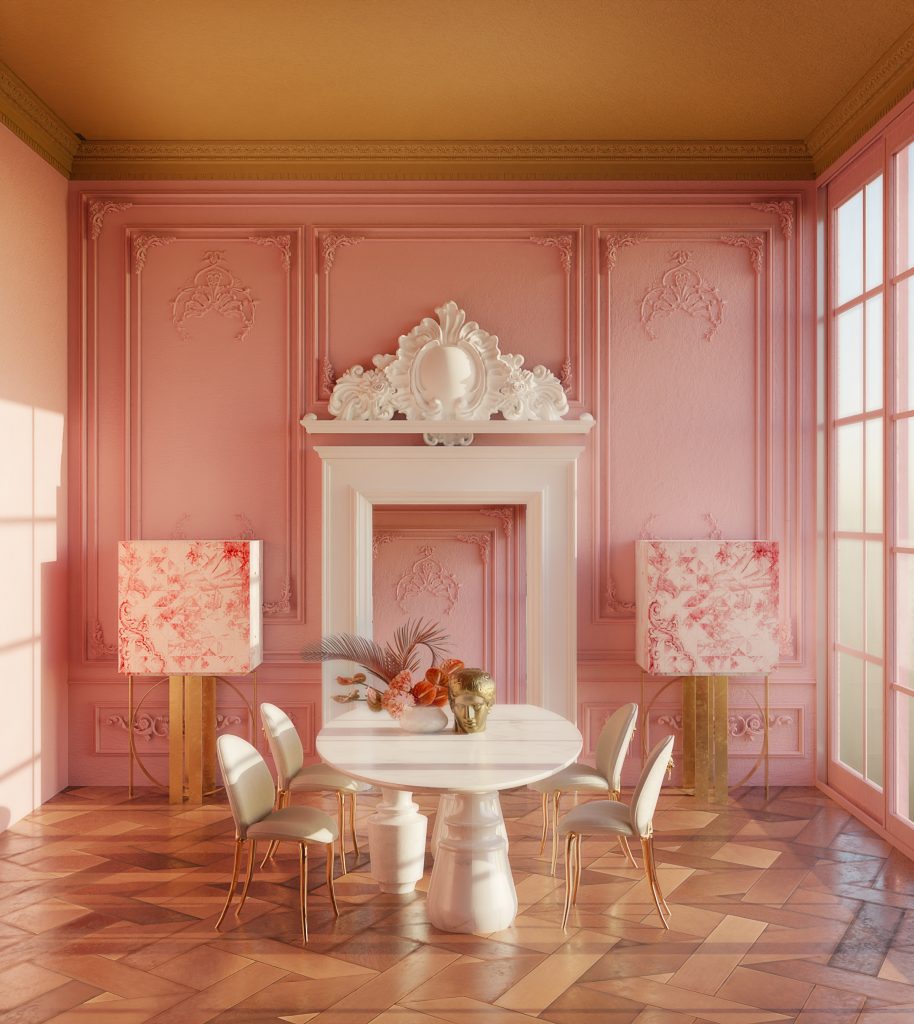 sala de jantar luxuosa com mesa de jantar em mármore, três cadeiras bege com pernas douradas, dois armários rosa com pernas douradas