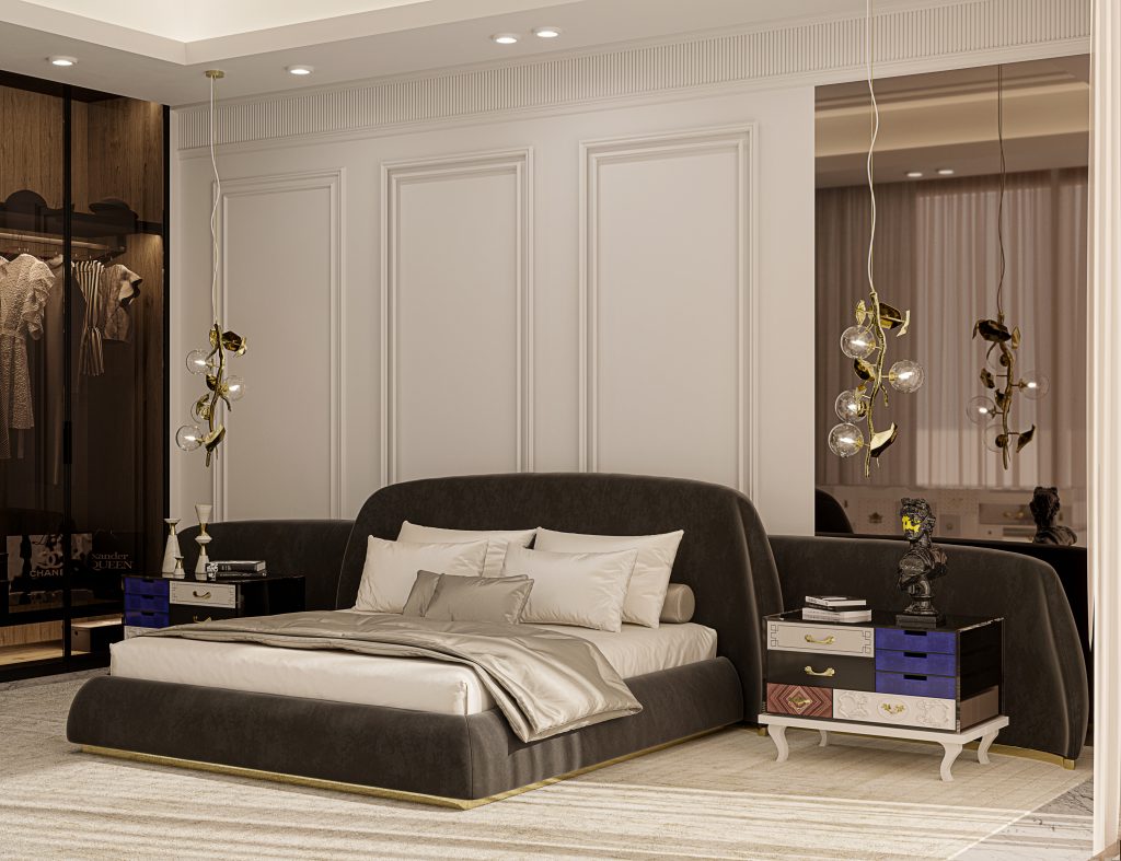 master bedroom - grey bed, colourful bedside table with drawers and a golden pendant lamp above