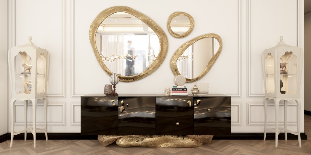 Most-wanted- Clear hallway, white glass frames, luxurious black sideboard with gold base, golden round mirrors