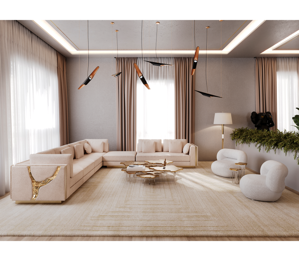 Luxury Home in L.A | Where Opulence Meets Elegance- modern living room, white and brown curtains, cream sofa with gold details, cream rug, golden coffee table with decorative items and plants, gold hanging lamp, two cream armchair, golen side table