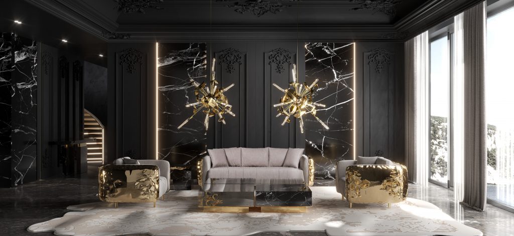 Gold and Black: Living Room with Black and Gold Decor: A lavish living room featuring a sophisticated black velvet sofa adorned with gold trim, complemented by a glass coffee table with gold legs. The walls are decorated with elegant black and gold framed art, and a chandelier with golden accents hangs from the ceiling, casting a warm glow over the room.