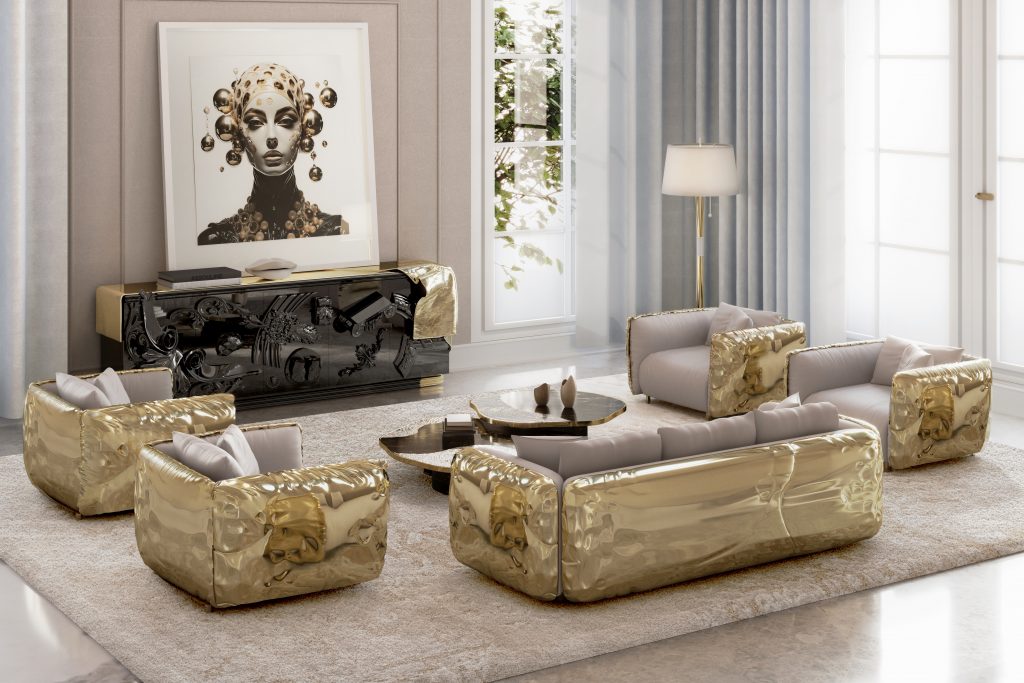Gold and Black: Living Room with Black and Gold Decor: A lavish living room featuring a sophisticated black velvet sofa adorned with gold trim, complemented by a glass coffee table with gold legs. The walls are decorated with elegant black and gold framed art, and a chandelier with golden accents hangs from the ceiling, casting a warm glow over the room.
