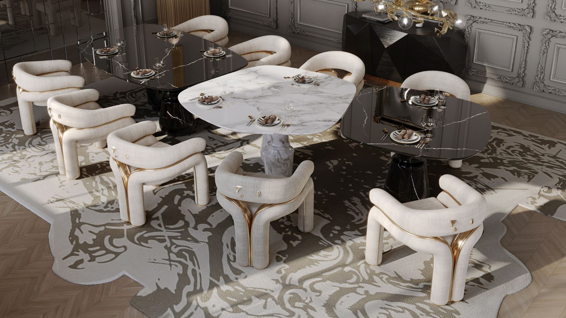 Elara White Chair, Pietra Mondular Dining Table, Rug, hera suspension lamp, dining room