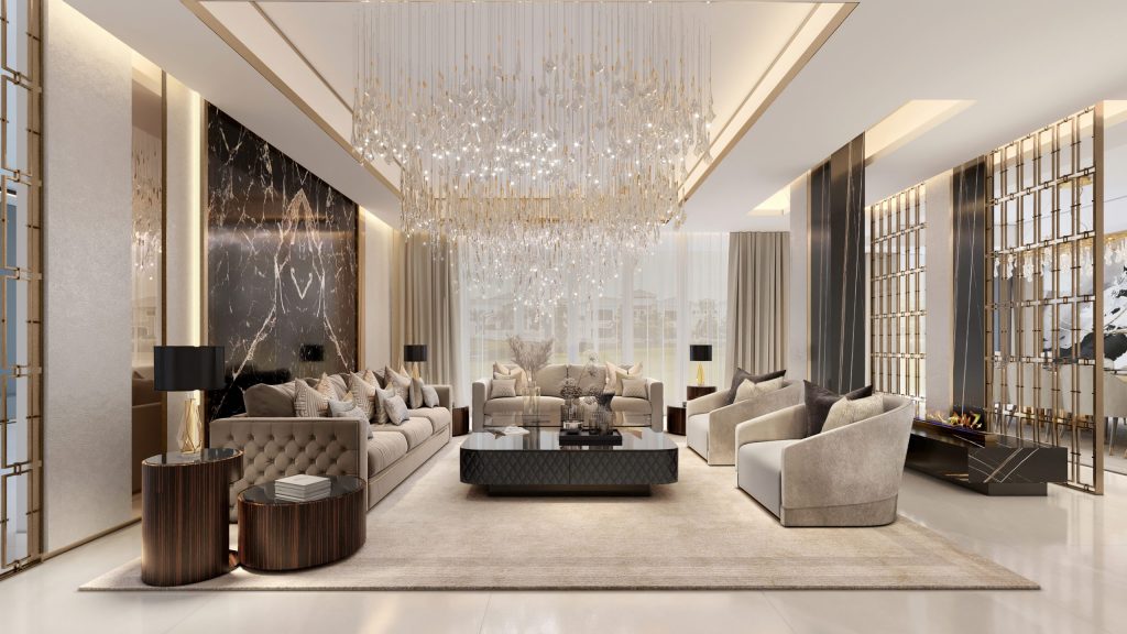 Luxurious living room designed by Guillermo Blanco in Lime Tree Villa Project, Dubai, featuring elegant furniture, bespoke lighting, and European craftsmanship.
