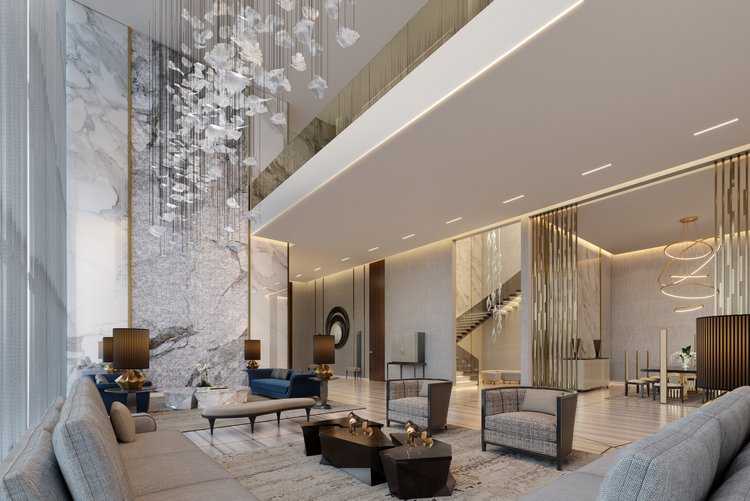 Opulent living area in Dubai Hills residential project by Guillermo Blanco, combining modern design with timeless European craftsmanship and bespoke interiors.