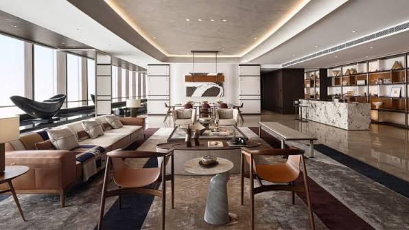 Spacious luxury penthouse lounge with marble bar counter, interior designers in Hong Kong