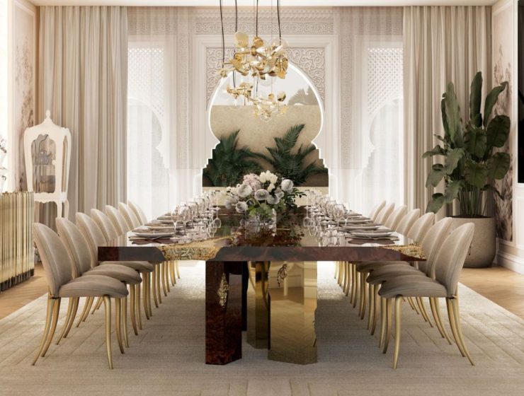 Luxury Dining Room in private villa dubai with empire xl dining table, soleil cream chair and hera suspension lamp