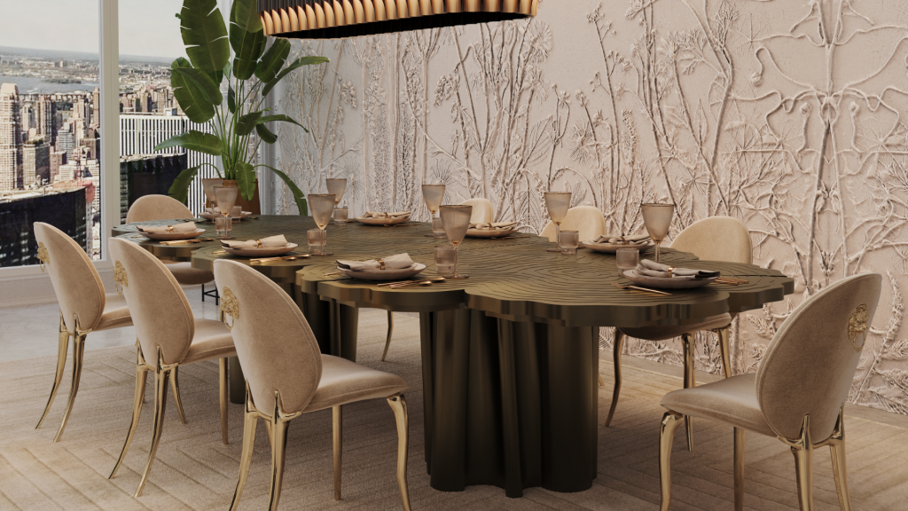 Dining: Fortuna Dining Table by Boca do Lobo acting as a shimmering gold statement piece in a luxurious banquet hall.