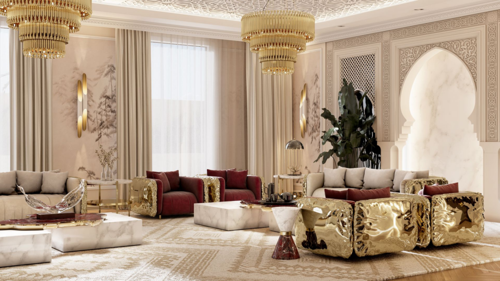 Opulent living room in a Private Villa in Dubai, featuring Boca do Lobo’s iconic furniture and artistic design
