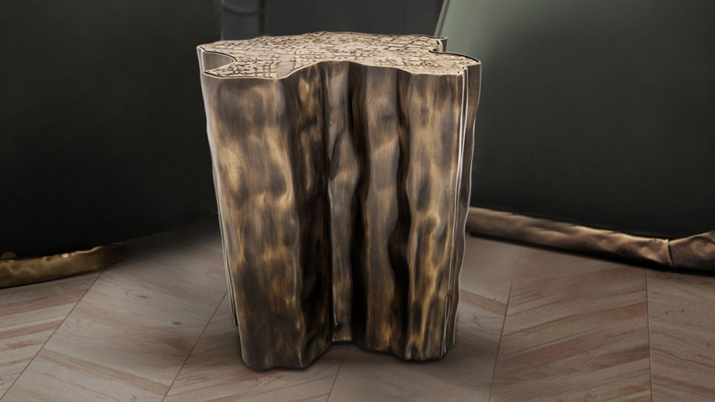 Eden side table in a luxury living room Dubai, featuring hand-finished marble or metal top with customizable base finishes
