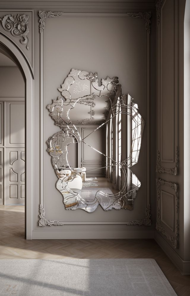 luxury interior, gray wall, mirror, large mirror, mirror with details, mirror with triangles