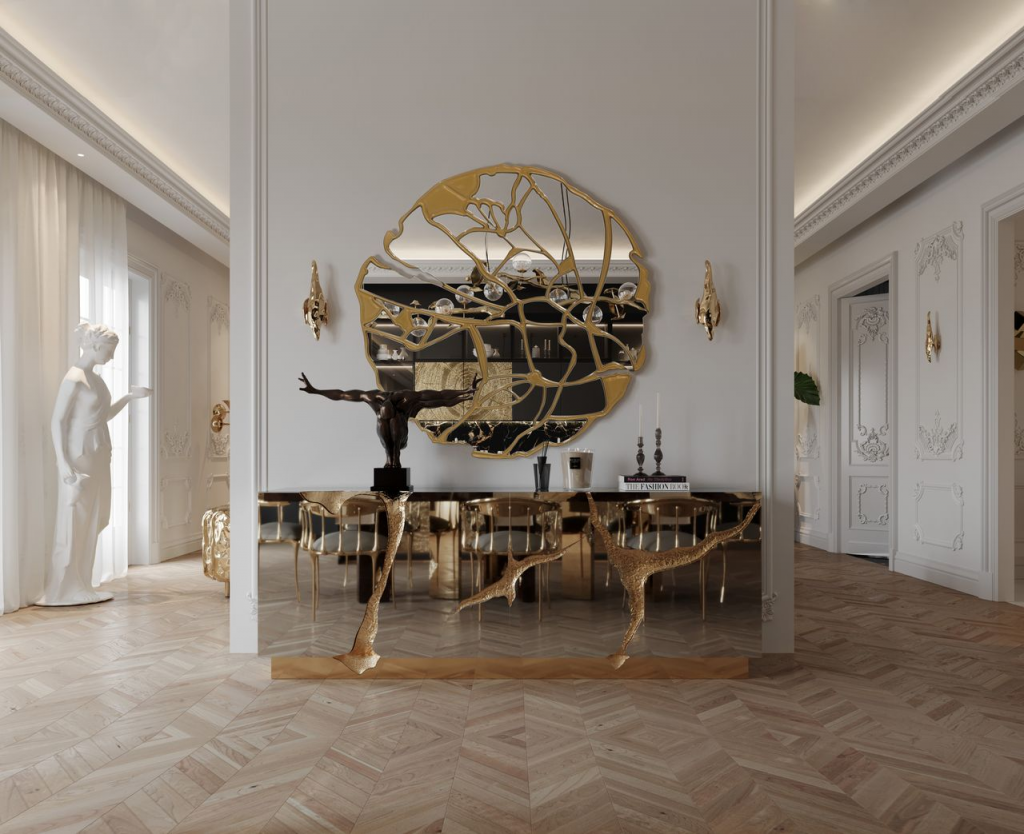luxury interior, sideboard, white wall, golden lamps, white statue, brown statue, gold, mirror, golden mirror