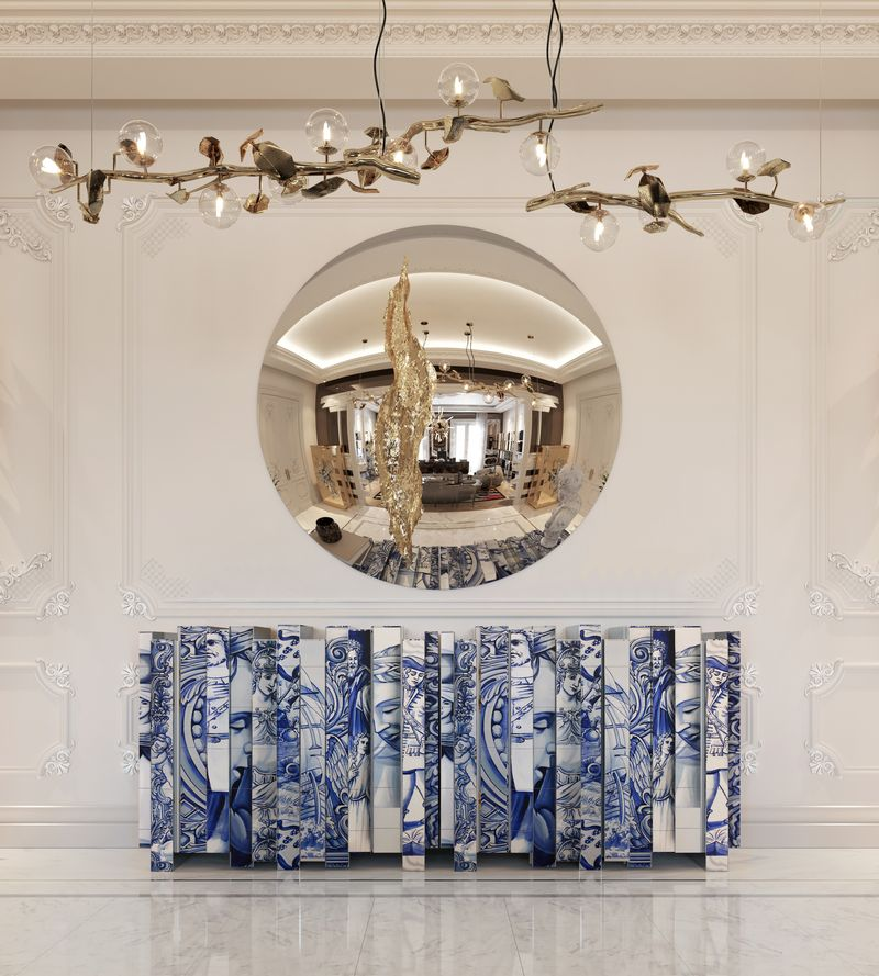 luxury interior, sideboard, tile sideboard, mirror, round mirror, cracked mirror, white wall, lamps, gold lamps, gold