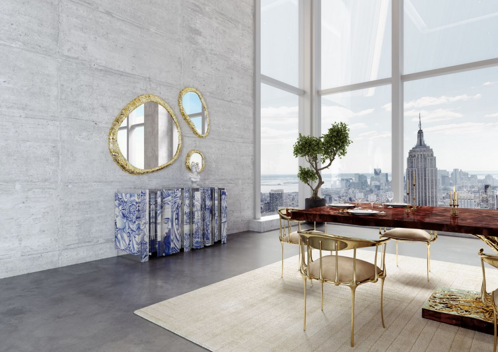 luxury interior, dining table, dining room, sideboard, tiled sideboard, gray wall, glass, city view, buildings, table, brown, gold, mirrors, gold mirrors, small statue