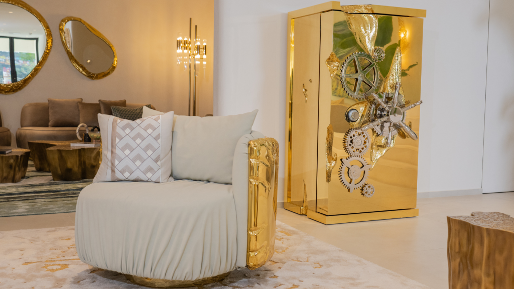 Imperfectio round armchair in a luxury living room Dubai, with asymmetric design and customizable leather, fabric, and metal finishes