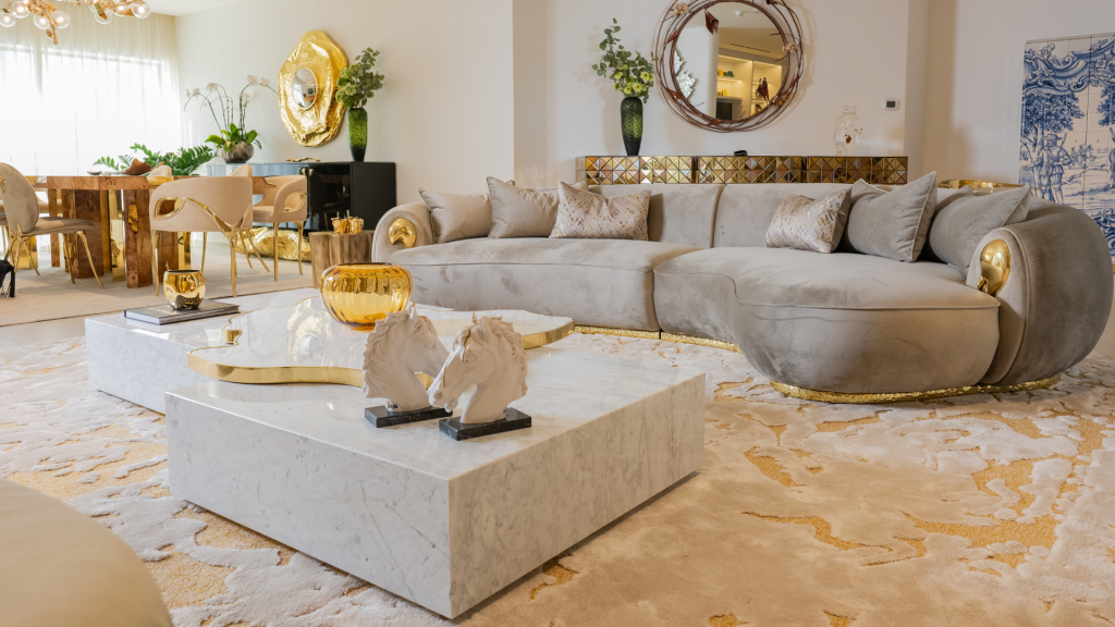 Navarra center table in a luxury living room Dubai, highlighting geometric precision, stone and metal finishes, and designer craftsmanship