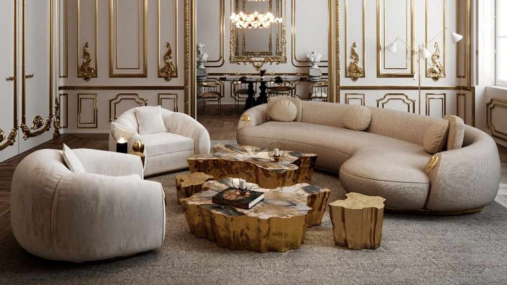 Soleil armchair in a luxury living room Dubai, elegant design with bespoke leather or fabric upholstery and gold or brass detailing