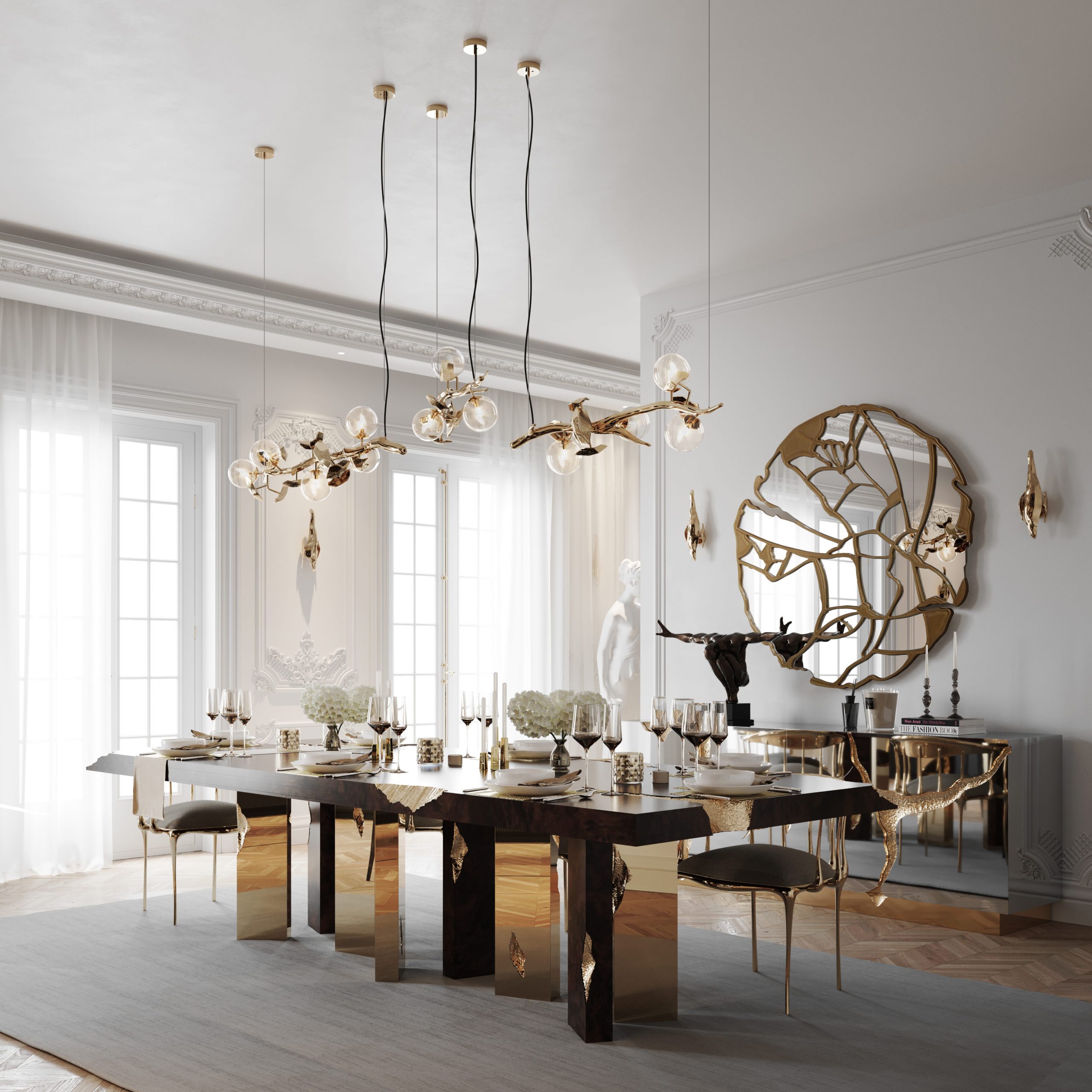 luxury furniture, dining room with white walls, wooden floor, and a beige carpet, wooden and gold dining table, silver and gold sideboard, gold chandelier with round lamps, mirror with gold details
