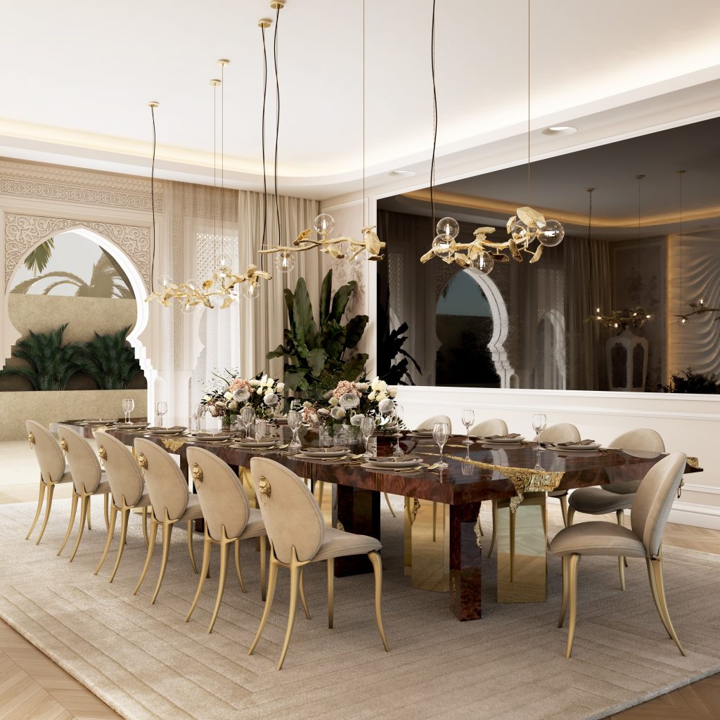 Dining room focusing on the Empire Dining Table by Boca do Lobo as a monumental statement piece for exclusive gatherings.