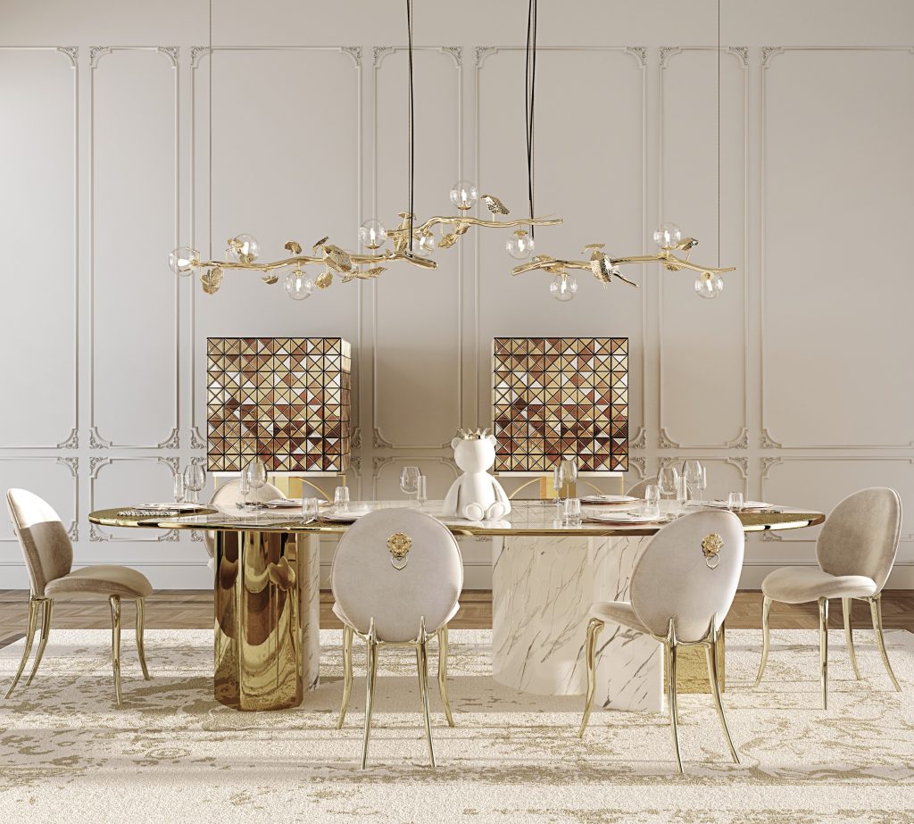 luxury interior design projects, white walls, gold cabinets, gold and white dining table, beige and gold chairs, beige rug, gold chandelier