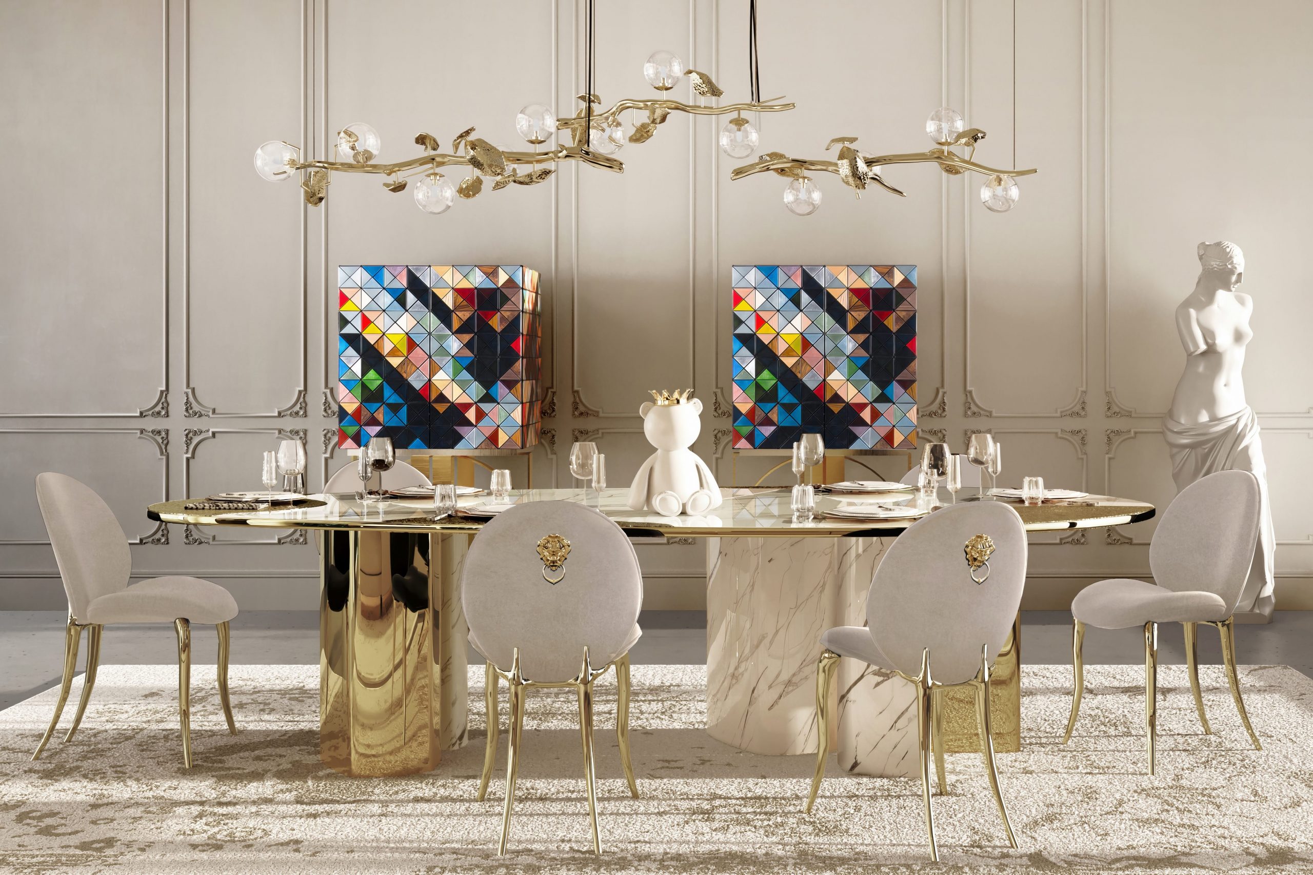 Luxury interior design, dining room with white walls and beige carpet, cream and gold chairs, gold chandelier with round lamps, white and gold dining table, a white sofa and two colourful cabinets with gold legs.
