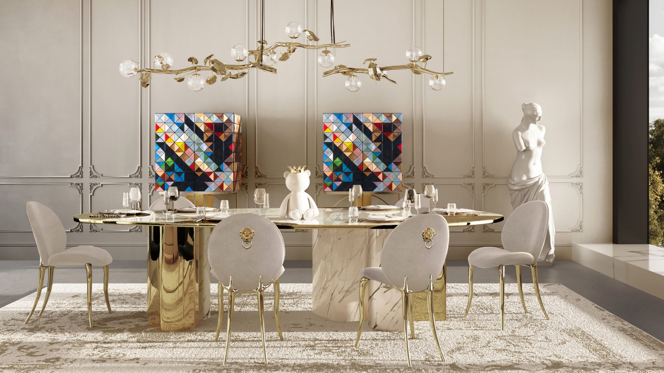 luxury furniture, dining room with white walls, a beige rug, a white and gold table, beige and gold chairs, a statue, gold lamp with round lamps, and two colourful cabinets