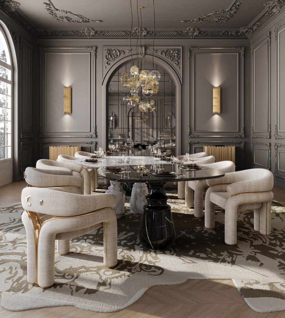 luxury interior design projects, dark walls, gold chandelier, beige chairs, black dining table, white dining table, beige and dark rug, brown floor