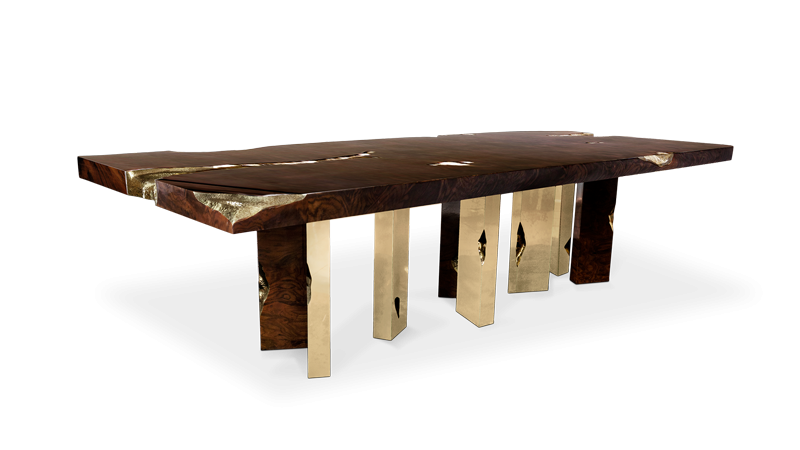 Luxury interior design, white background, wooden dining table with wooden and gold legs and gold accents