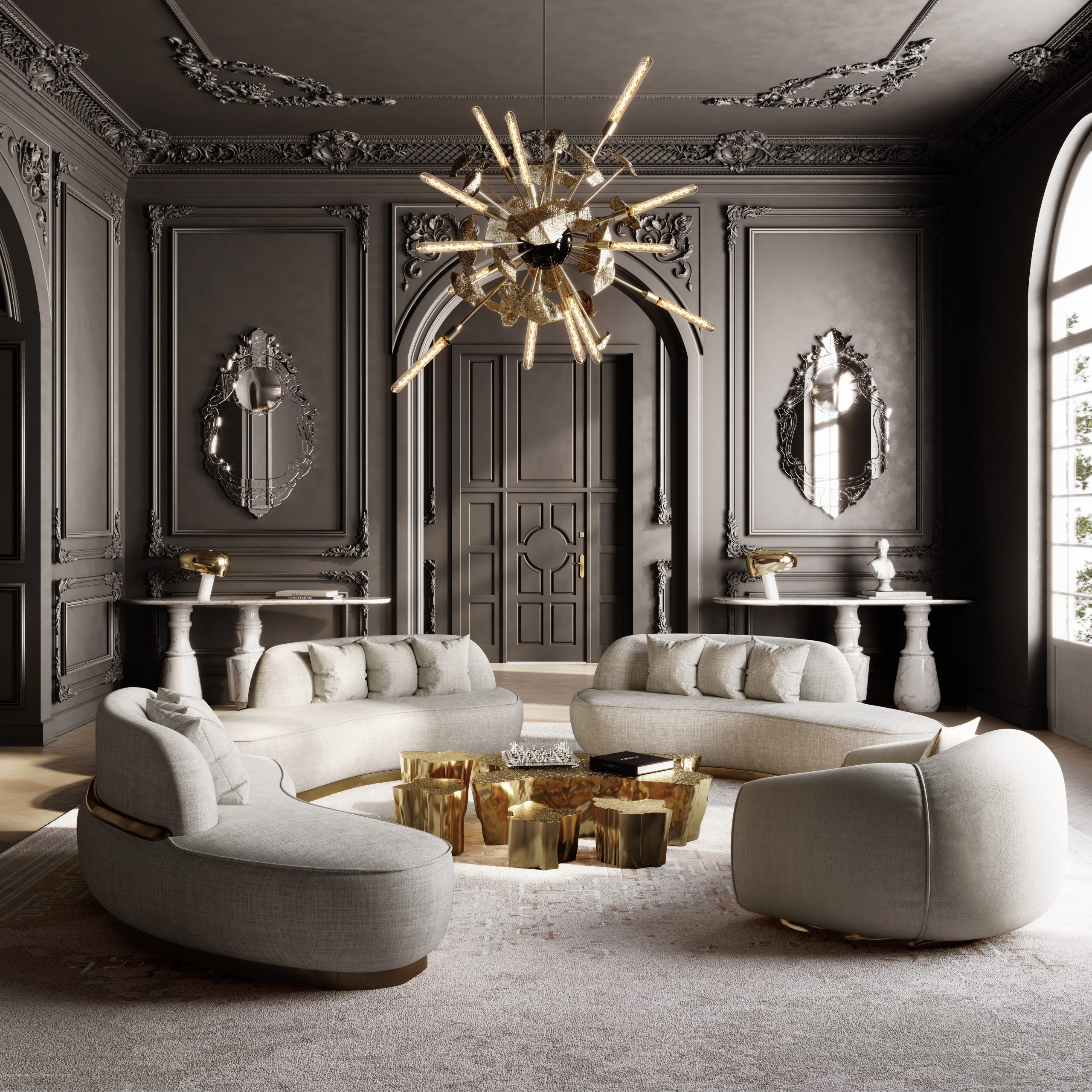 luxury furniture, living room with grey walls, two mirrors, two white consoles, beige sofas and gold details, a gold centre table and a gold chandelier