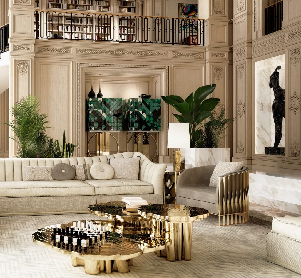 luxury interior design projects, beige walls, gold center tables, beige sofa, beige and gold armchair, green cabinets, black statue