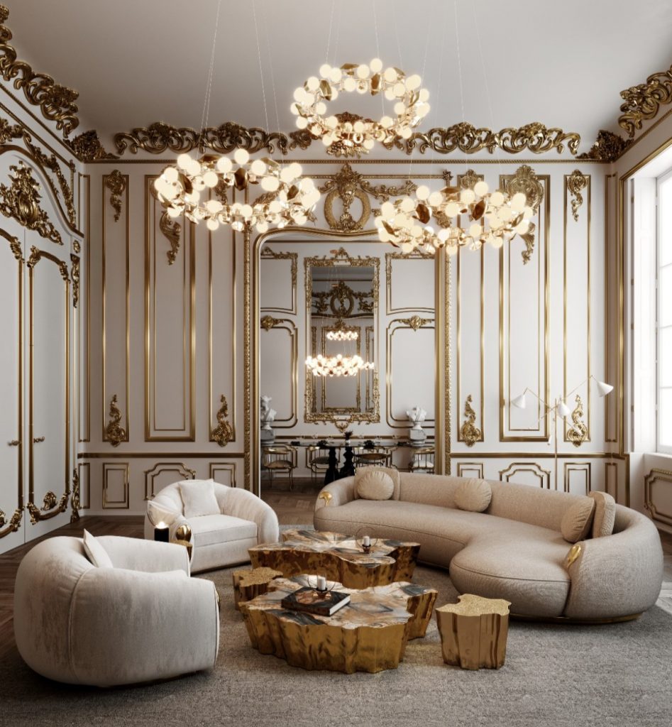living rooom ambient whit gold details and curve sofa