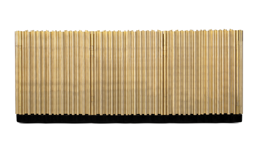 Front view of Boca do Lobo's iconic Symphony Sideboard featuring handcrafted gold-plated brass tubes.