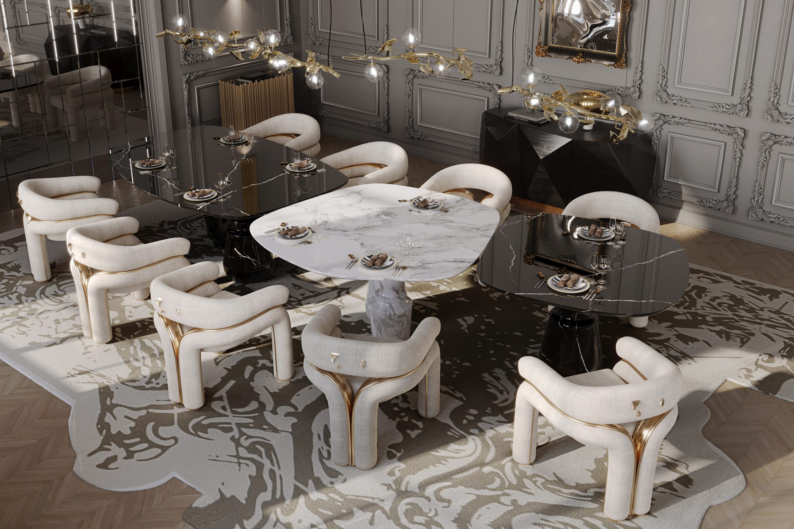 Luxury Marble Furniture, black and white marble dining tables, white and gold dining chairs, wood floor, beige rug, grey wall, black sideboard