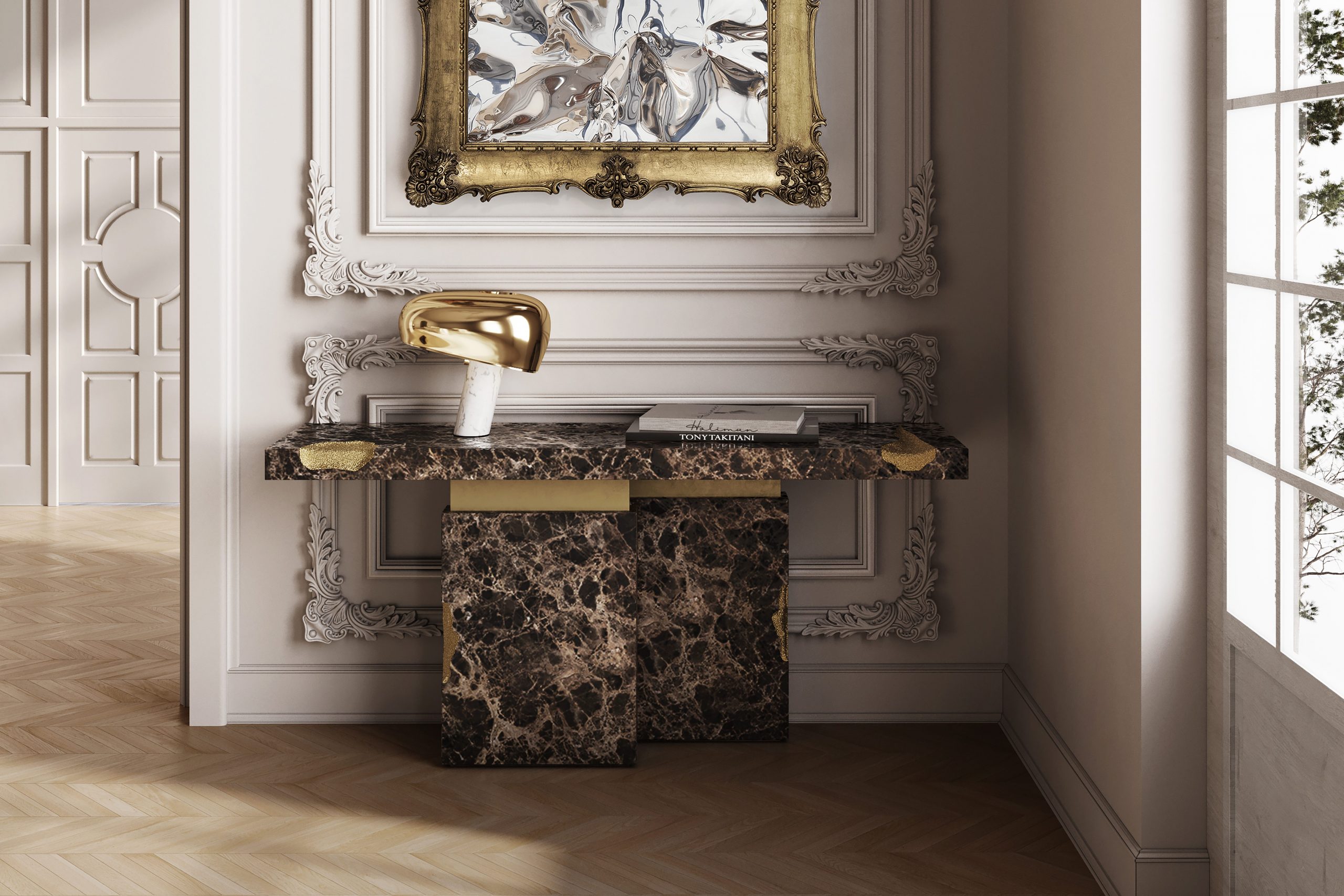 Luxury Marble Furniture, white wall, wood floor, brown marble with gold details console, gold mirror