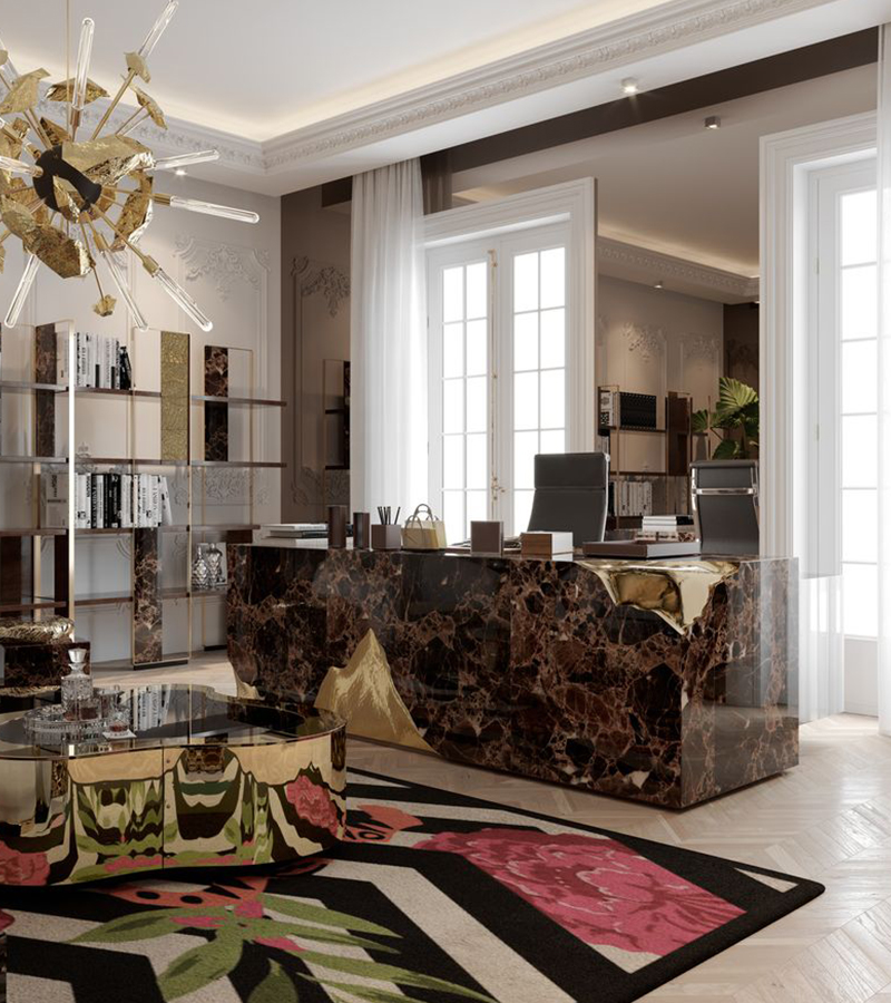 brown and gold desk, gols suspension lamp, gold and black center table, silver wall, 2 windows, white curtains, brown and gold bookcase office interiors