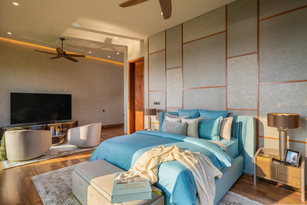Luxury Residence in Sri Lanka, elegant bedroom with blue tones, modern decor and natural light